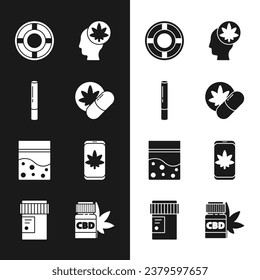 Set Herbal ecstasy tablets, Marijuana joint, Ashtray, Head with marijuana or cannabis, Plastic bag of, Mobile and, Medical bottle and  icon. Vector