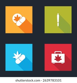 Set Herbal ecstasy tablets, Marijuana joint, Medical pills with marijuana and Shopping box of icon. Vector