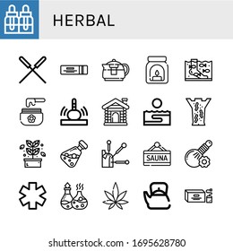 Set of herbal icons. Such as Essential oils, Acupuncture, Chewing gum, Teapot, Aroma, Fish therapy, Wax, Massage, Sauna, Thalassotherapy, Leech therapy, Herb, Essential oil , herbal icons