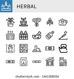 Set of herbal icons such as Massage, Herb, Herbal tea, Aromatic, Parsley, Teapot, Sauna, Essential oils, Mortar, Essential oil, Incense, Spa, Beauty, Lithotherapy, Mint , herbal