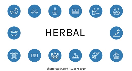 Set of herbal icons. Such as Mortar, Massage, Skin oil, Chewing gum, Acupuncture, Essential oil, Incense burner, Mint, Sauna, Lithotherapy, Incense , herbal icons