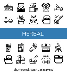 Set of herbal icons such as Sauna, Massage, Aromatherapy, Herb, Acupuncture, Herbal tea, Incense burner, Teapot, Incense, Chewing gum, Mint, Reflexology, Mortar , herbal