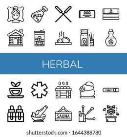 Set of herbal icons. Such as Spa, Sauna, Essential oil, Mint, Acupuncture, Lithotherapy, Aromatherapy, Chewing gum, Skin oil, Herbal tea, Essential oils, Medicine symbol , herbal icons