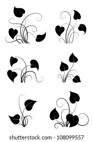 Set of herbal silhouette icons with flourishes isolated on white, vector illustration