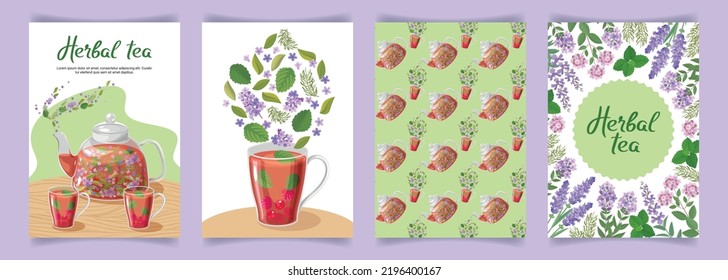Set of herbal tea backgrounds with composition of provence herbs, teacup, teapot, teatime pattern. Poster, banner, flyer, invitation, card, presentation, advertizing print.