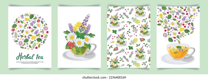Colores de té de hierbas con tazas, prados y hierbas de jardín, bayas. Fondo floral, composición de hierbas, flores y bayas. Tarjeta, afiche, invitación, volante para promoción, publicidad.