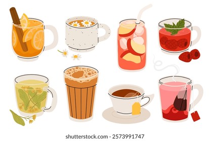 Set of herbal tea various elements and ingredients with teacups, mugs, leaves, flowers, fruits and berries isolated. Tea time, tea ceremony, party. Icon, simbol, object for label, packaging, menu