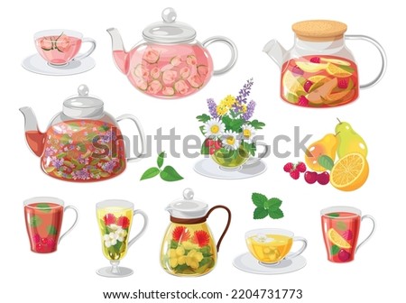 Set of herbal tea various elements and ingredients with teacups, teapots, leaves, flowers, fruits and berries isolated. Tea time, tea ceremony, party. Icon, simbol, object for label, packaging, menu