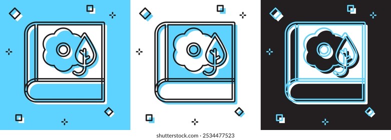 Conjunto icono de herbario aislado en azul y blanco, fondo negro. Hojas secas en un libro.  Vector