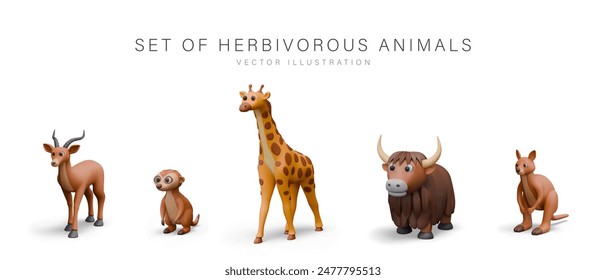 Set of herbivores on white background. Realistic antelope, yak, meerkat, giraffe, kangaroo