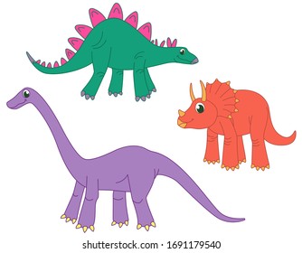 Set of herbivorous dinosaurs. Stegosaurus, triceratops and diplodocus in funny cartoon style.