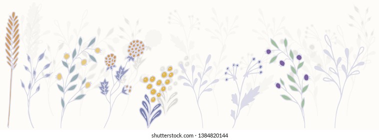 Set of herbs and berries with shadows, hand drawn sketch, blue, yellow colors, vector.