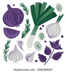 a set of herbs and different types of onions: garlic, leek, red onion, basil, rosemary, black pepper.
