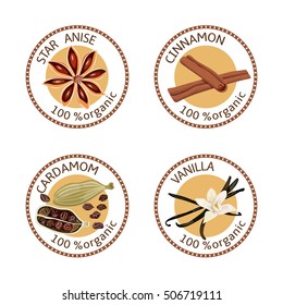 Set of herbs labels. 100 organic. Spice collection. Vector illustration. Vanilla flower and pods, cardamom, star anise, cinnamon. Brown stamps. cardamon, Cardamum