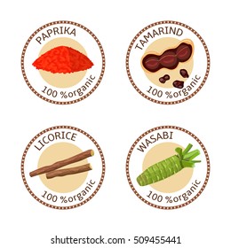 Set of herbs labels. 100 organic. Spice collection. Vector illustration. Paprika, tamarind, licorice wasabi Brown stamps