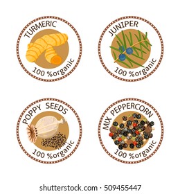 Set of herbs labels. 100 organic. Spice collection. Vector illustration. Poppy seeds, juniper, turmeric, mixed peppercorns. Brown stamps