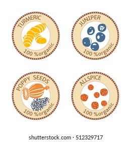 Set of herbs labels. 100 organic. Spice collection. Vector illustration. Poppy seeds, juniper, turmeric, allspice Brown stamps flat style Icon collection