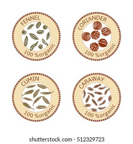 Set of herbs labels. 100 organic. Spice collection. Vector illustration. Fennel, coriander, caraway cumin. Brown stamps. flat style Icon collection