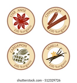 Set of herbs labels. 100 organic. Spice collection. Vector illustration. Vanilla flower and pods, cardamom, star anise, cinnamon. Brown stamps. flat style Icon collection