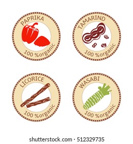 Set of herbs labels. 100 organic. Spice collection. Vector illustration. tamarind, paprika, wasabi, licorice Brown stamps flat style Icon collection