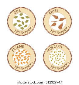 Set of herbs labels. 100 organic. Spice collection. Vector illustration. Dill, sesame, anise mustard. Brown stamps. flat style Icon collection