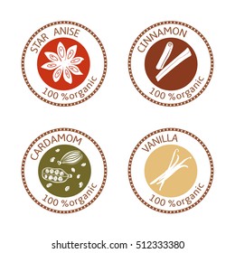 Set of herbs labels. 100 organic. Spice collection. Vector illustration. Vanilla flower and pods, cardamom, star anise, cinnamon. Brown stamps. flat style white silhouettes. Icon collection