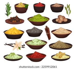 Set of herbs spices in ceramic bowls set. Assorted dried seasoning condiments cartoon vector illustration