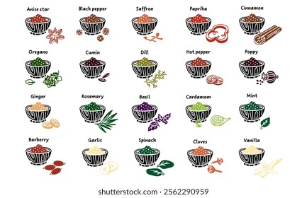 A set of herbs and spices in the form of colorful silhouettes in crushed form on a plate next to the dish. A variety of herbs, seeds, vegetables for different taste preferences. Sliced pieces