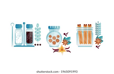 Set of Herbs and Spices Glass Jars, Anise, Vanilla, Pepper, Salt, Cinnamon Vector Illustration