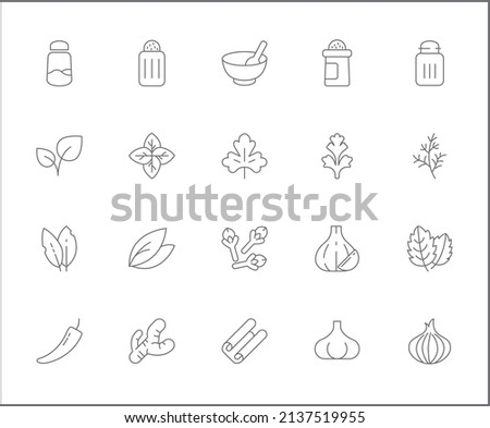 Set of herbs and spices icons line style. It contains such Icons as basil, parsley, rosemary, bay leaf, chili, onion, dill, cloves, garlic and other elements.