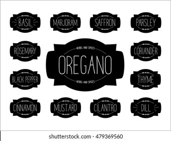 Set of herbs and spices stickers. Food labels collection. Kitchen design elements. - Stock Vector