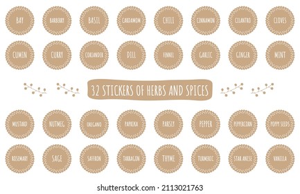 Set of herbs and spices stickers. Labels for packaging, food containers, SPA, cosmetics, healthcare, etc.