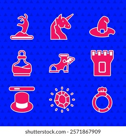 Set Hermes sandal, Magic stone, ring with gem, Castle tower, hat wand, Bottle potion, Witch and Zombie hand icon. Vector