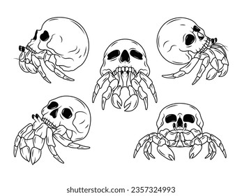 Set of hermit crabs with skull. Collection of small crabs with a skeleton shell. Creepy sand crustaceans. Underwater world. Vector illustration for Halloween design.