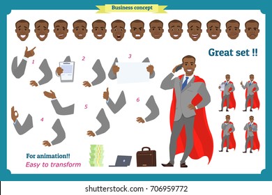 Set of heroes business man presenting in various action.Happy young black African men in business suit.People character. Face,body elements for design, animation work.Isolated vector on white.