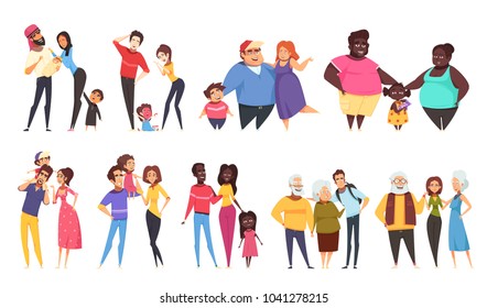 Set of heterosexual families with children of different ethnicity including elderly couples isolated vector illustration