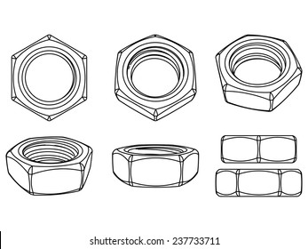 Set of hexagon 3d nuts on white background