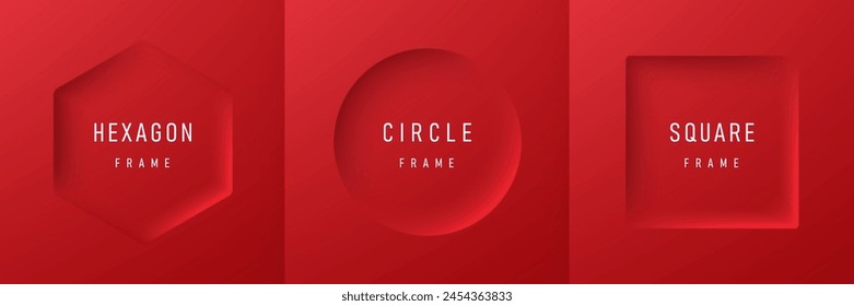 Set of hexagon, circle and square 3D frames on vibrant red background. 3D minimal neumorphism frames background with copy space. Top view product display. Light and shadow empty space. Vector EPS10.