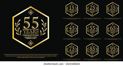 set of hexagon frame and elegance golden anniversary celebration emblem. 15-95th anniversary logo design for web, game, creative poster, booklet, leaflet, flyer, magazine, greeting and invitation card