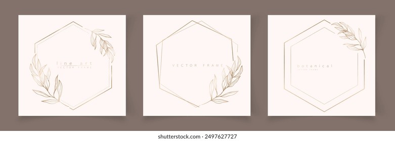 Conjunto de Plantilla de marco hexagonal en estilo lineal mínimo con ramas y hojas dibujadas a mano. Elegante marco de polígono. Ilustración vectorial botánica para etiquetas, identidad corporativa, invitación de boda, logotipo