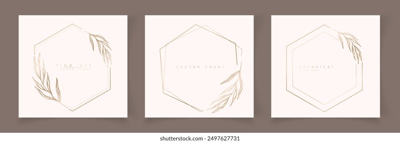 Set of hexagon frame template in minimal linear style with hand drawn branches and leaves. Elegant polygon frame. Botanical vector illustration for labels, corporate identity, wedding invitation, logo