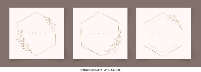 Set of hexagon frame template in minimal linear style with hand drawn branches and leaves. Elegant polygon frame. Botanical vector illustration for labels, corporate identity, wedding invitation, logo