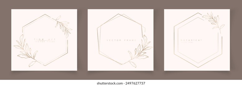 Set of hexagon frame template in minimal linear style with hand drawn branches and leaves. Elegant polygon frame. Botanical vector illustration for labels, corporate identity, wedding invitation, logo