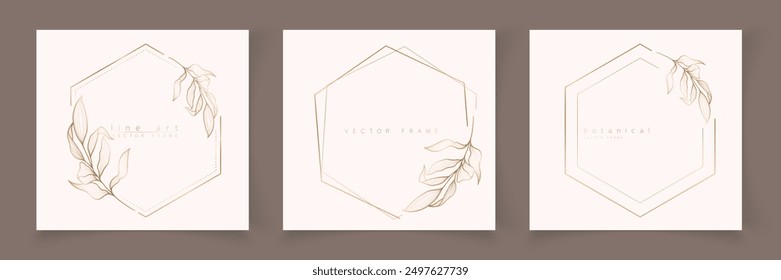 Set of hexagon frame template in minimal linear style with hand drawn branches and leaves. Elegant polygon frame. Botanical vector illustration for labels, corporate identity, wedding invitation, logo