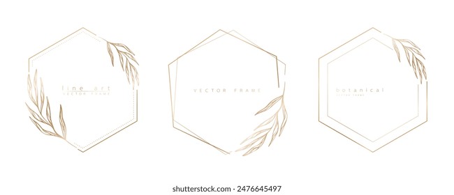 Conjunto de Plantillas hexagonales en estilo minimalista lineal con ramas y hojas dibujadas a mano. Elegante marco de polígono. Ilustración botánica para etiquetas, identidad corporativa, invitación de boda y logotipo.