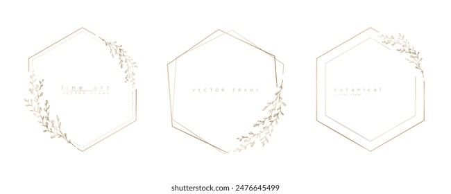 Set of hexagon frame templates in minimal linear style with hand drawn branches and leaves. Elegant polygon frame. Botanical illustration for labels, corporate identity, wedding invitation and logo.