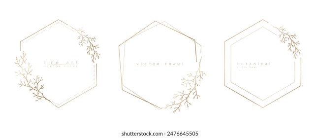 Set of hexagon frame templates in minimal linear style with hand drawn branches and leaves. Elegant polygon frame. Botanical illustration for labels, corporate identity, wedding invitation and logo.
