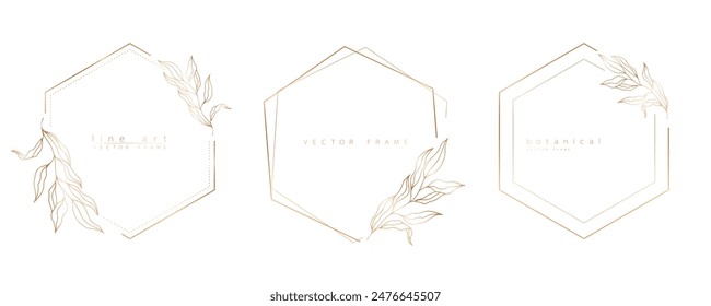 Conjunto de Plantillas hexagonales en estilo minimalista lineal con ramas y hojas dibujadas a mano. Elegante marco de polígono. Ilustración botánica para etiquetas, identidad corporativa, invitación de boda y logotipo.