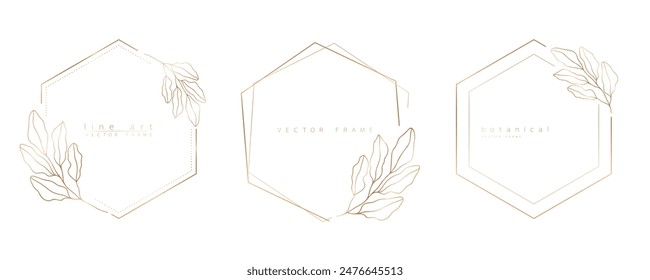 Vorlagen mit Sechskantrahmen in minimalem Linienstil mit handgezeichneten Ästen und Blättern. Eleganter Polygonrahmen. Botanische Illustration für Etiketten, Corporate Identity, Hochzeitseinladung und Logo.