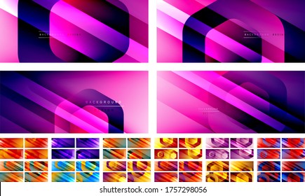 Set of hexagon geometric shapes and fluid gradients with 3d shadow and light straight lines, minimal abstract backgrounds